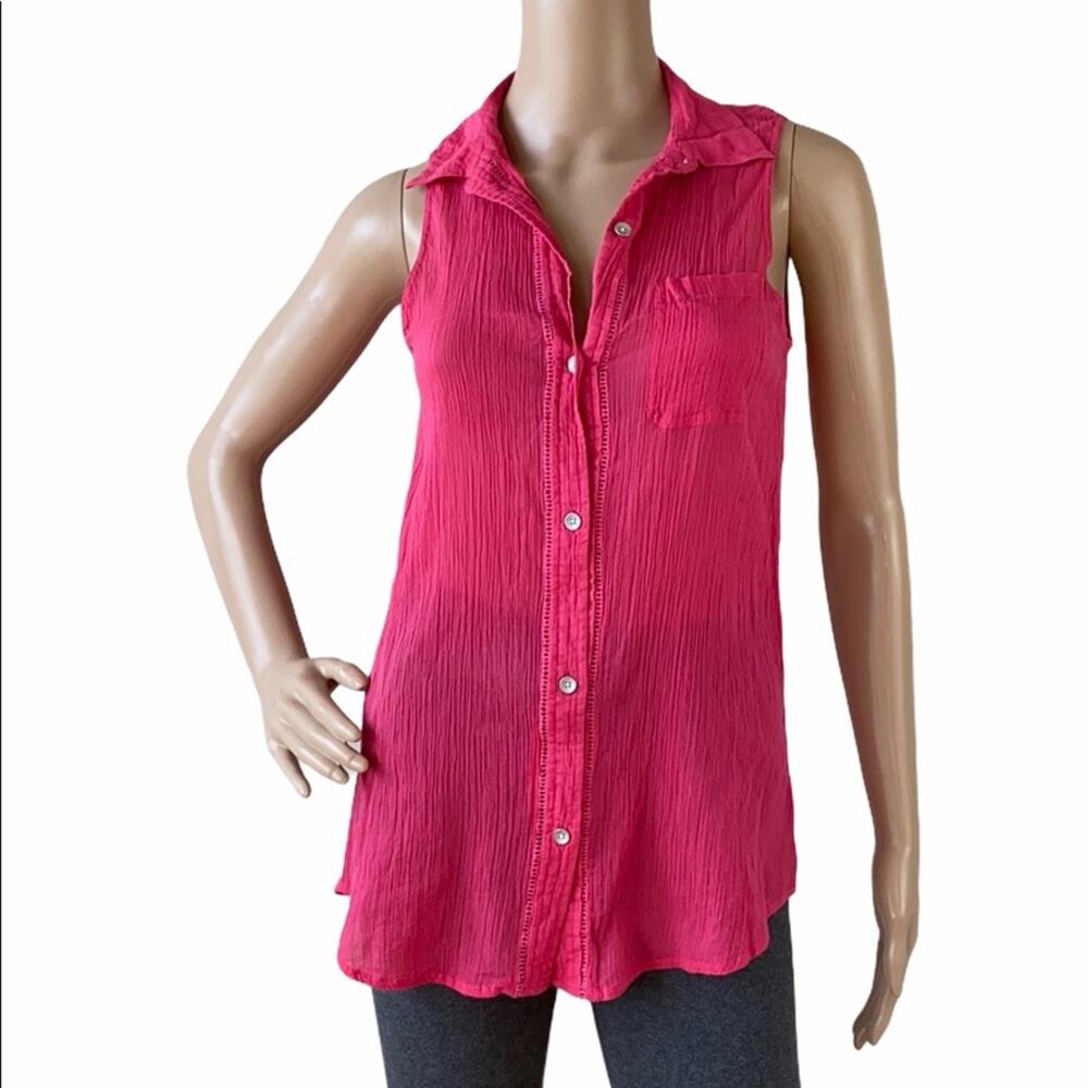 DKNY Jeans Women's Hot Pink Collared Sleeveless Button Front Blouse Size XS